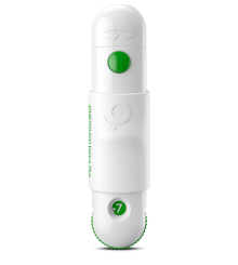A white Delica device with green buttons
