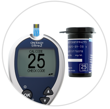 Blood glucose meter displaying 25 mg/dL next to a vial of test strips Blood glucose meter displaying 25 mg/dL next to a vial of test strips