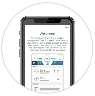 Smartphone displaying OneTouch Reveal app welcome screen and dashboard for diabetes management tracking. Smartphone displaying OneTouch Reveal app welcome screen and dashboard for diabetes management tracking.