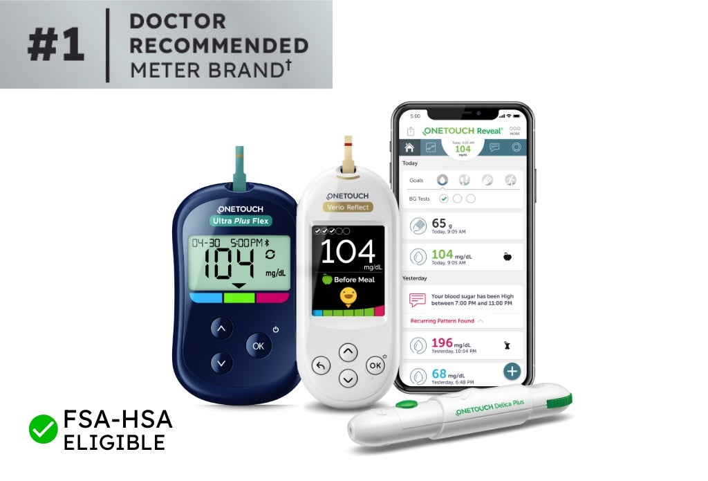 A collection of OneTouch glucose meters, including the Ultra 2 and Verio Flex models, displaying a reading of 104 mg/dL, alongside a smartphone showing health data and a pen-style insulin delivery device, with a '#1 Doctor Recommended Meter Brand' banner.