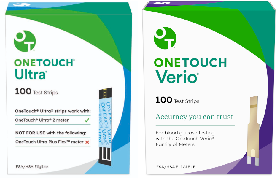 OneTouch Ultra 100 Test Strips and OneTouch Verio 100 Test Strips packaging. The OneTouch Ultra box highlights compatibility with OneTouch Ultra 2 meter, while the OneTouch Verio box emphasizes accuracy for blood glucose testing with the OneTouch Verio family of meters. Both are FSA/HSA eligible