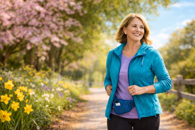Active woman jogging on a scenic path surrounded by blooming flowers.