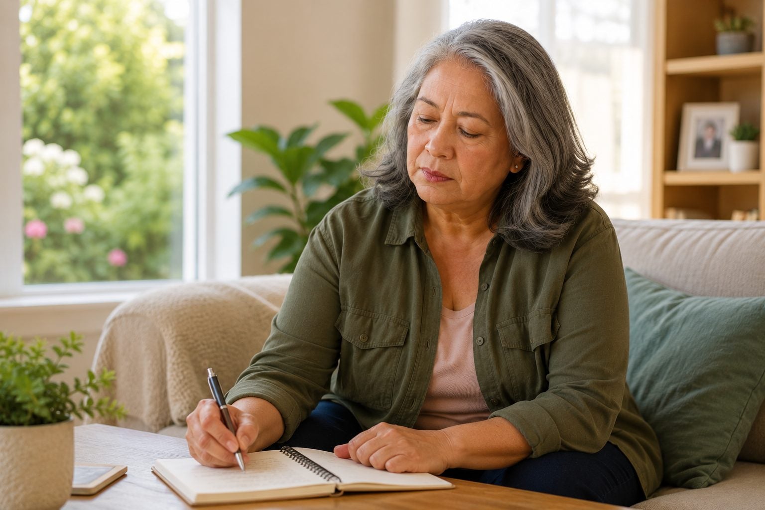 Woman writing notes in a journal at home while sitting on a couch