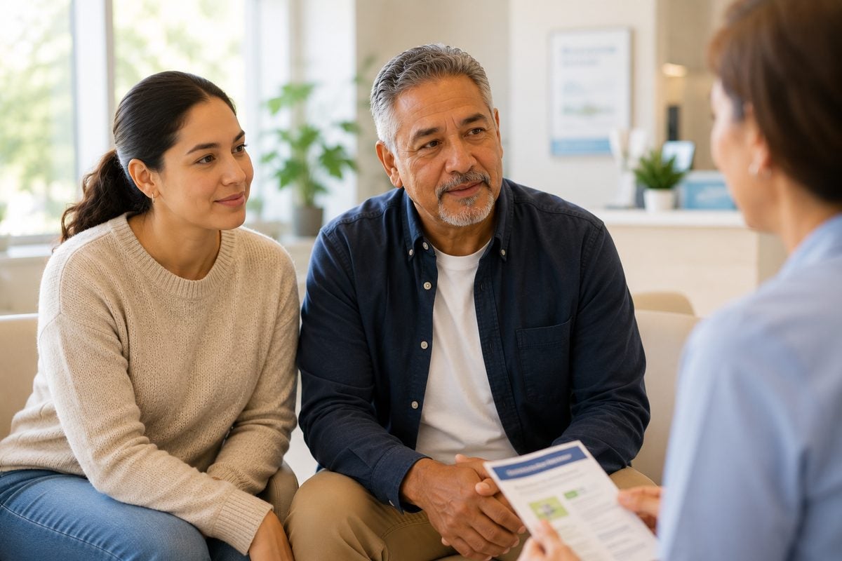 Healthcare provider reviewing a diabetes education brochure with a patient and his partner during a consultation.