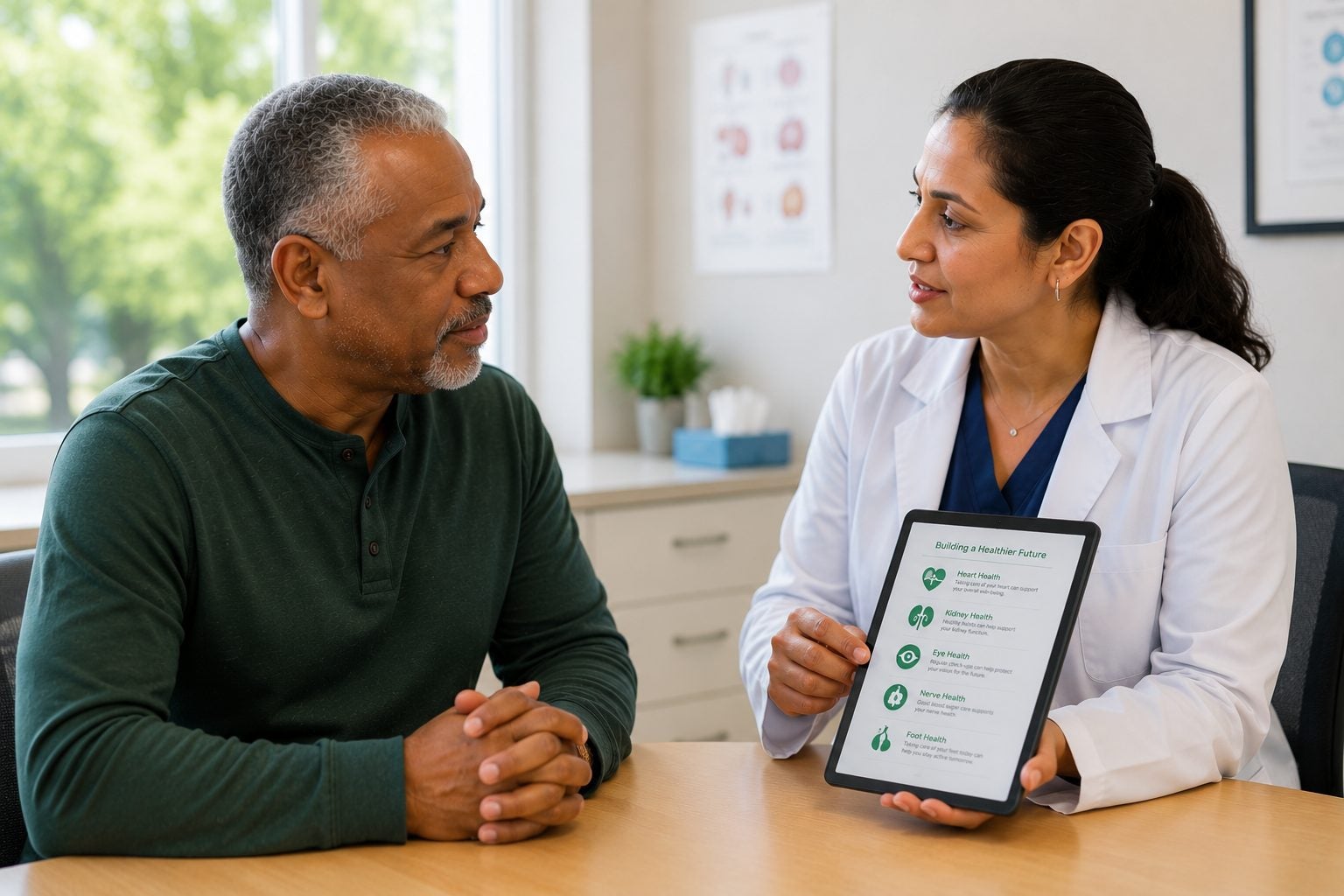 Doctor showing a patient a tablet with tips on heart, kidney, eye, nerve, and foot health