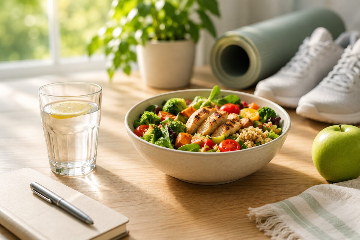Grilled chicken salad bowl with vegetables, quinoa, and a glass of lemon water, next to running shoes, a yoga mat, and a notebook, representing a healthy lifestyle for blood glucose management.