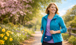 Active woman jogging on a scenic path surrounded by blooming flowers.