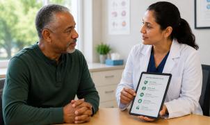 Doctor showing a patient a tablet with tips on heart, kidney, eye, nerve, and foot health