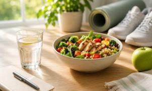 Grilled chicken salad bowl with vegetables, quinoa, and a glass of lemon water, next to running shoes, a yoga mat, and a notebook, representing a healthy lifestyle for blood glucose management.