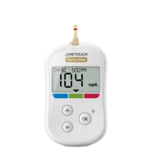 A close-up of a blood glucose meter