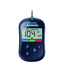 A close up of Ultra Plus Flex meter with test strip